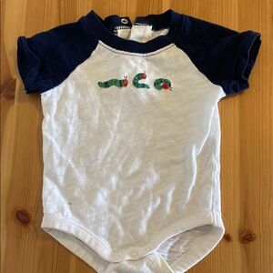 Gymboree White and Navy Baby Onesie with Caterpillar Design Eric Carle 0-3m